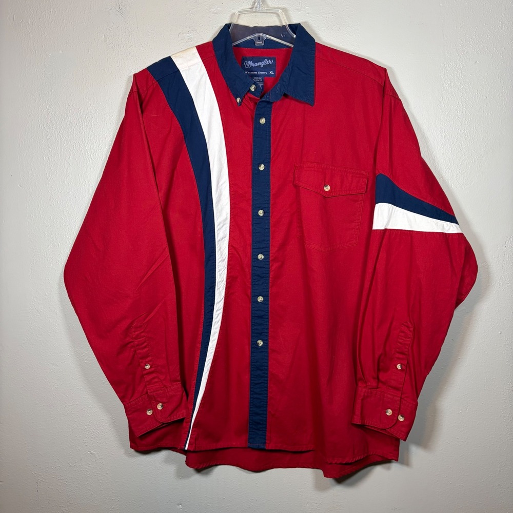 Wrangler Western Shirt Mens XL Red Navy Colorblock Button Down Cotton MH2612M